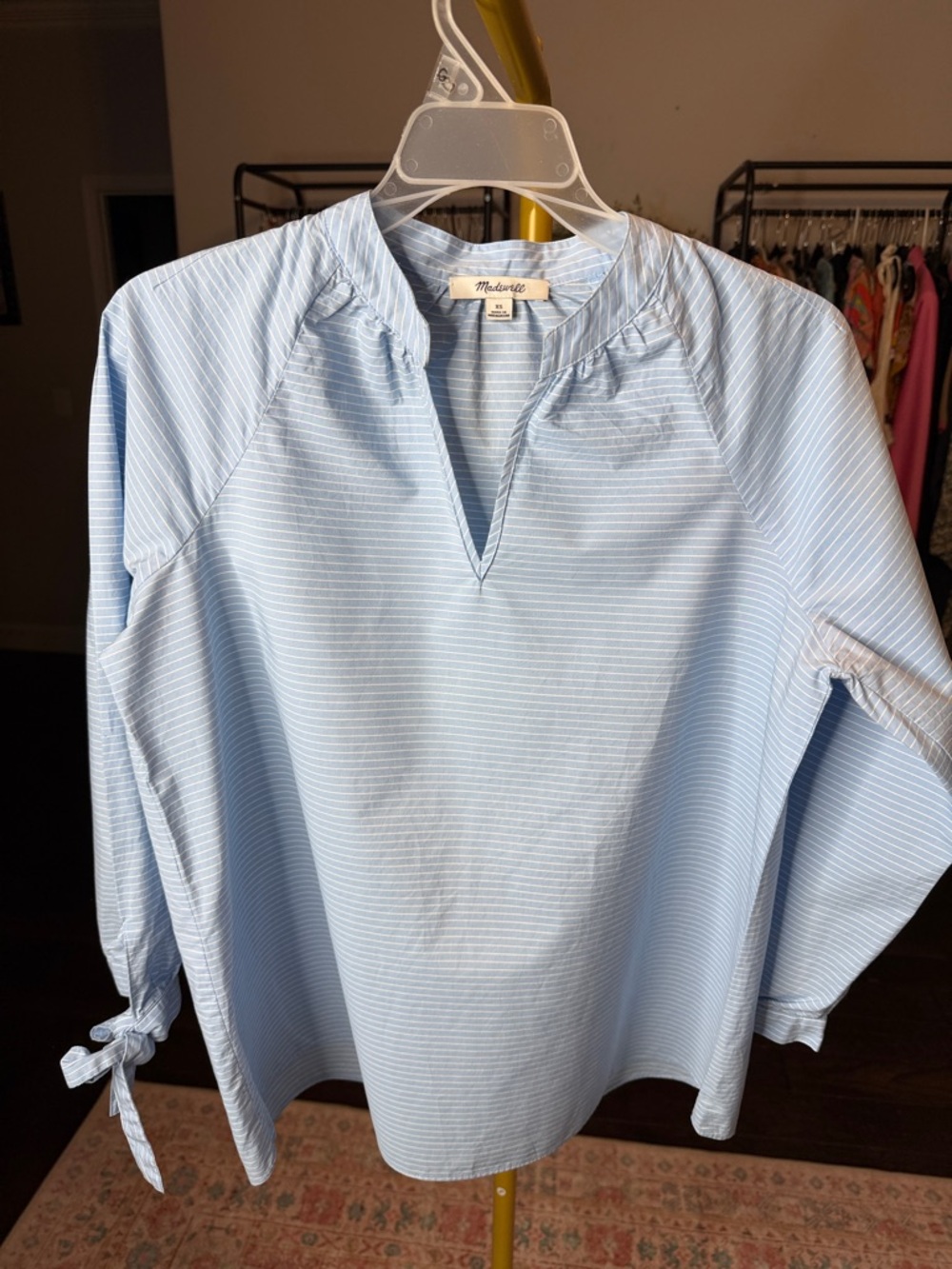 Madewell Pale Blue & Whiteβ Striped Split-Neck Tie-Sleeve Blouse